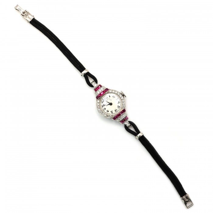 Tiffany & Co. Art Deco Ruby Diamond and Platinum Cocktail Watch With Double Cord Strap, 1942