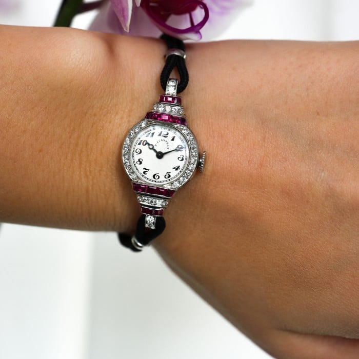 Tiffany & Co. Art Deco Ruby Diamond and Platinum Cocktail Watch With Double Cord Strap, 1942