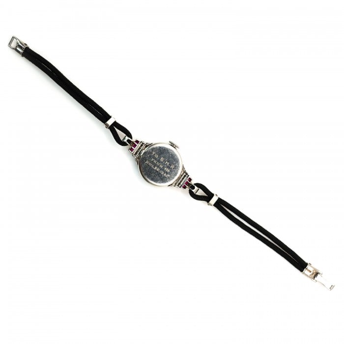 Tiffany & Co. Art Deco Ruby Diamond and Platinum Cocktail Watch With Double Cord Strap, 1942