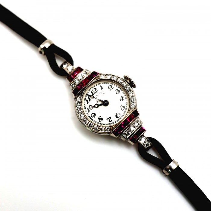 Tiffany & Co. Art Deco Ruby Diamond and Platinum Cocktail Watch With Double Cord Strap, 1942