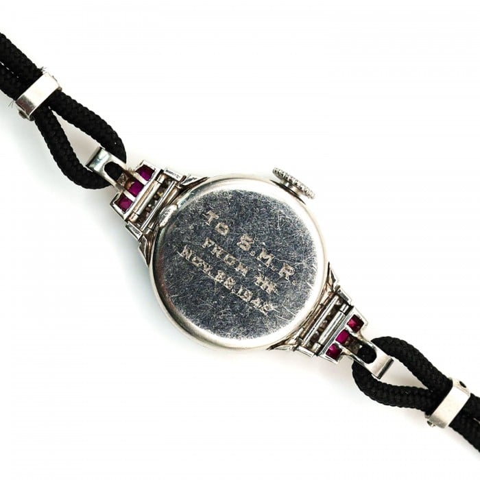 Tiffany & Co. Art Deco Ruby Diamond and Platinum Cocktail Watch With Double Cord Strap, 1942