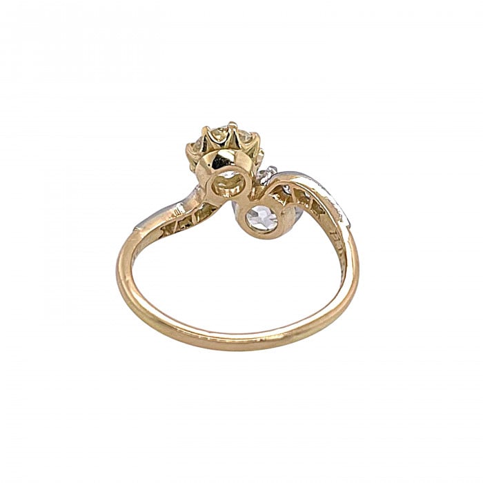 Two Stone Crossover White and Yellow Diamond, Platinum and Gold Ring