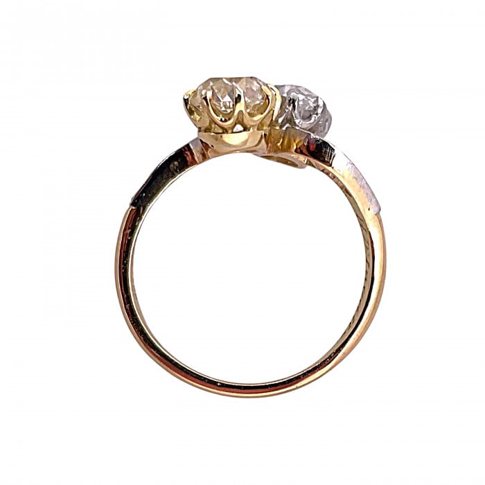 Two Stone Crossover White and Yellow Diamond, Platinum and Gold Ring