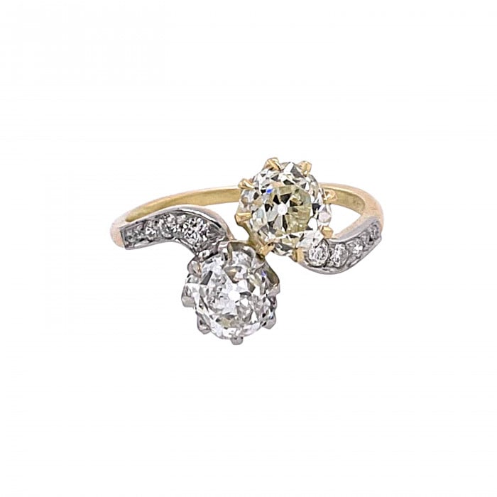 Two Stone Crossover White and Yellow Diamond, Platinum and Gold Ring