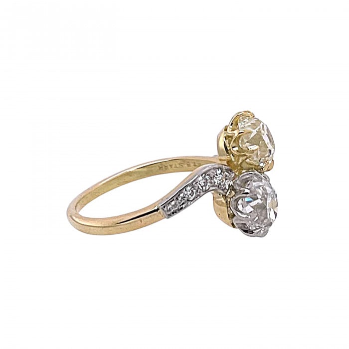 Two Stone Crossover White and Yellow Diamond, Platinum and Gold Ring