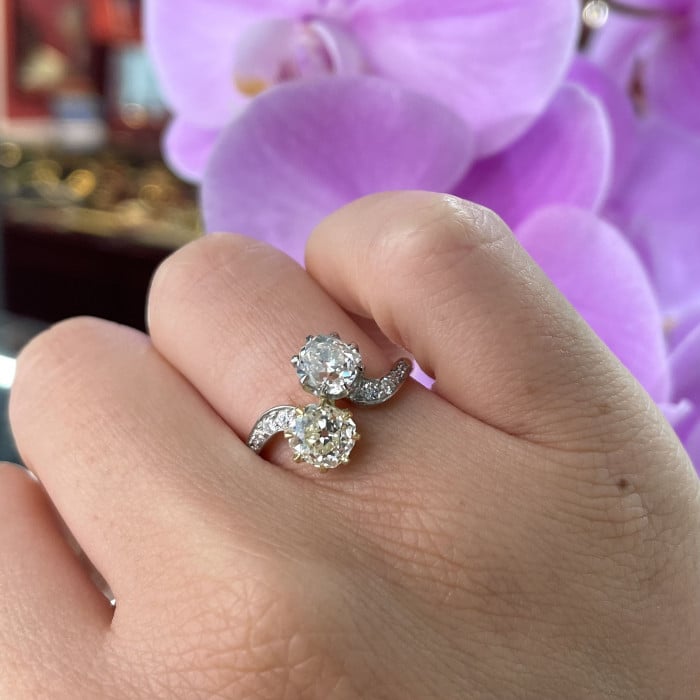 Two Stone Crossover White and Yellow Diamond, Platinum and Gold Ring