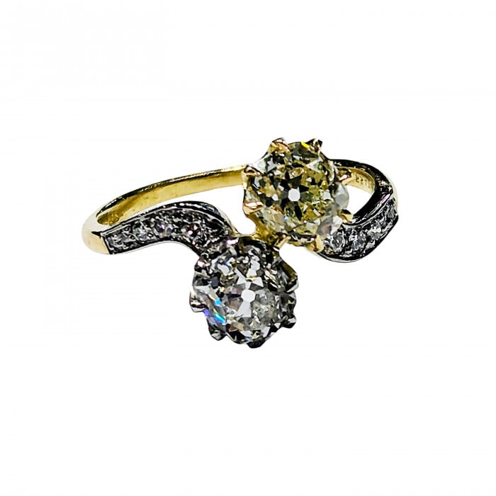 Two Stone Crossover White and Yellow Diamond, Platinum and Gold Ring