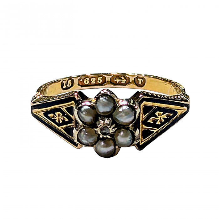 Victorian 15ct Gold, Pearl and Enamel Mourning Ring, 1868