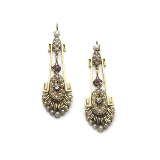 Victorian Aesthetic Movement Gold, Pearl, Diamond, Black Enamel and Ruby Earrings, Circa 1875