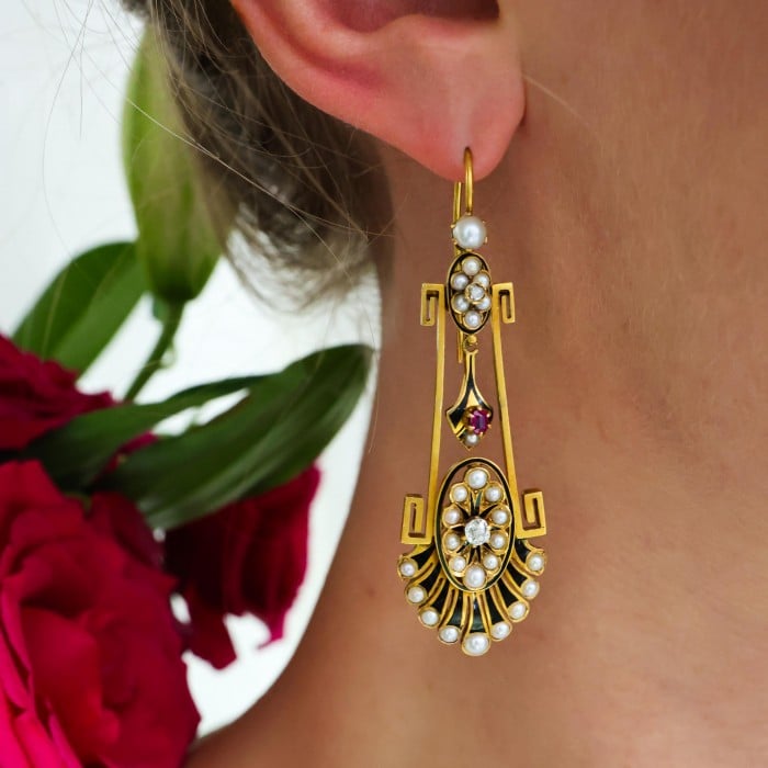 Victorian Aesthetic Movement Gold, Pearl, Diamond, Black Enamel and Ruby Earrings, Circa 1875