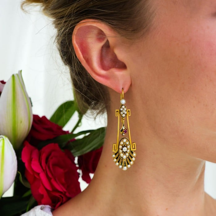 Victorian Aesthetic Movement Gold, Pearl, Diamond, Black Enamel and Ruby Earrings, Circa 1875