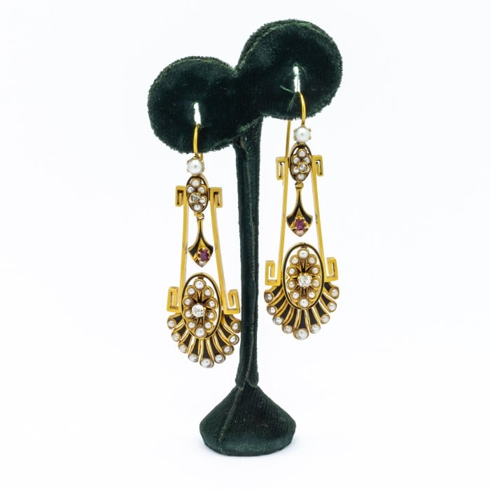 Victorian Aesthetic Movement Gold, Pearl, Diamond, Black Enamel and Ruby Earrings, Circa 1875