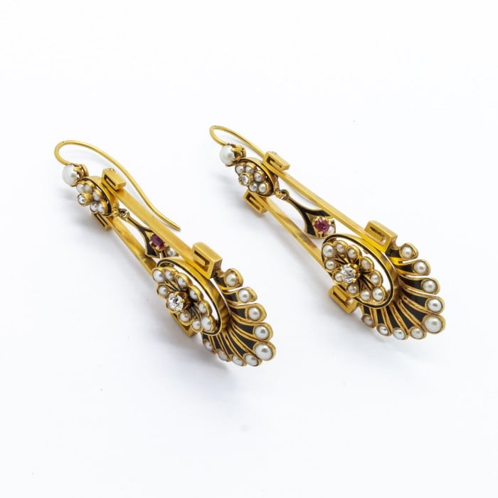 Victorian Aesthetic Movement Gold, Pearl, Diamond, Black Enamel and Ruby Earrings, Circa 1875