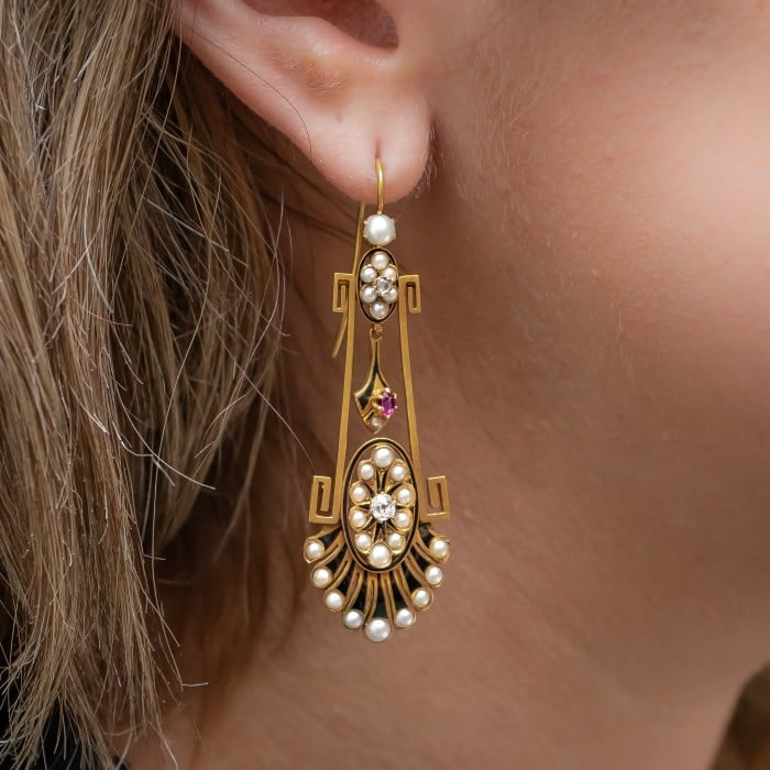 Victorian Aesthetic Movement Gold, Pearl, Diamond, Black Enamel and Ruby Earrings, Circa 1875