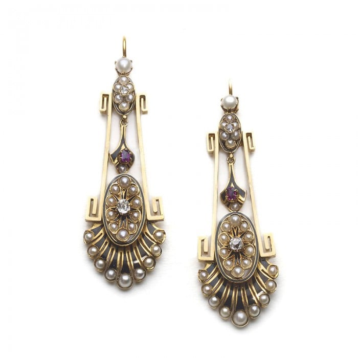 Victorian Aesthetic Movement Gold, Pearl, Diamond, Black Enamel and Ruby Earrings, Circa 1875