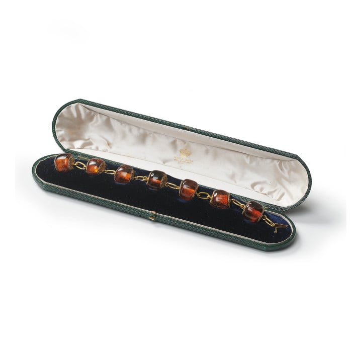Victorian Amber and Etruscan Style Gold Bracelet in Fitted Case, by Richard A. Green, Circa 1875
