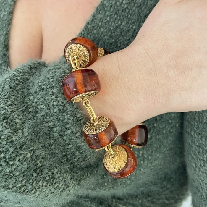 Victorian Amber and Etruscan Style Gold Bracelet in Fitted Case, by Richard A. Green, Circa 1875