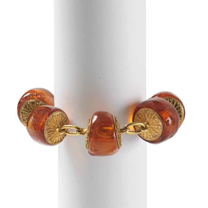Victorian Amber and Etruscan Style Gold Bracelet in Fitted Case, by Richard A. Green, Circa 1875