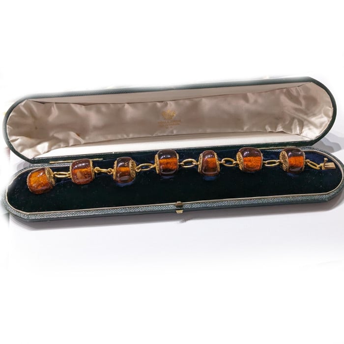 Victorian Amber and Etruscan Style Gold Bracelet in Fitted Case, by Richard A. Green, Circa 1875