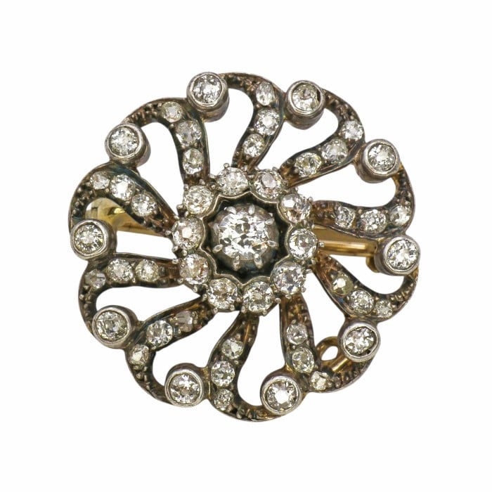Victorian Diamond and Silver Upon Gold Pinwheel Cluster Brooch, Circa 1890