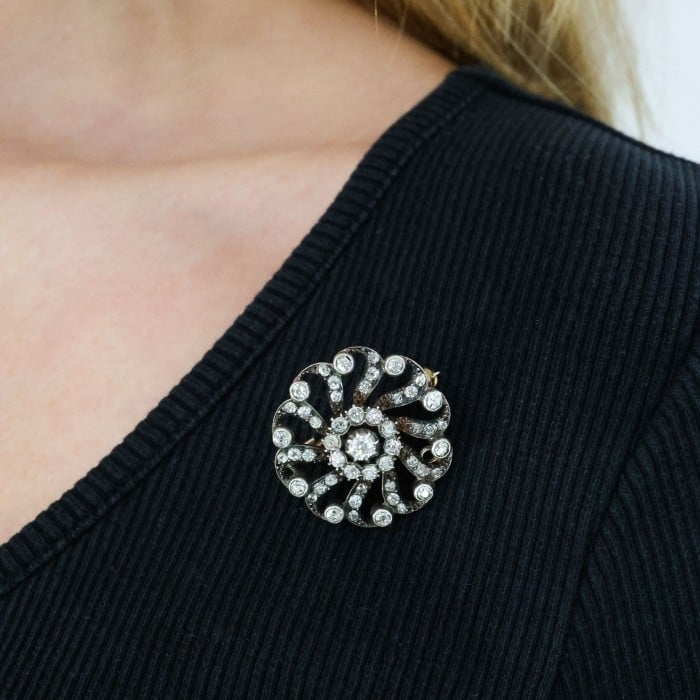 Victorian Diamond and Silver Upon Gold Pinwheel Cluster Brooch, Circa 1890