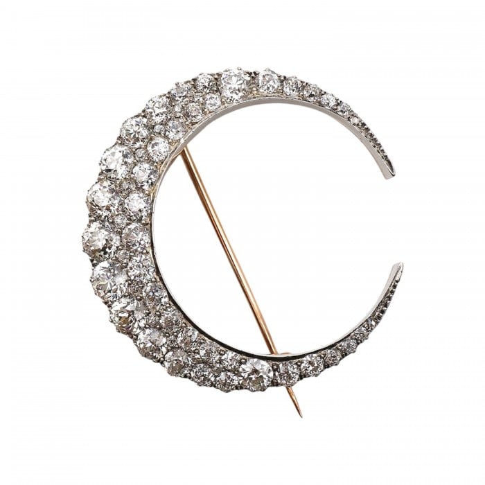 Victorian Diamond and Silver Upon Gold Two Row Crescent Brooch, Circa 1890