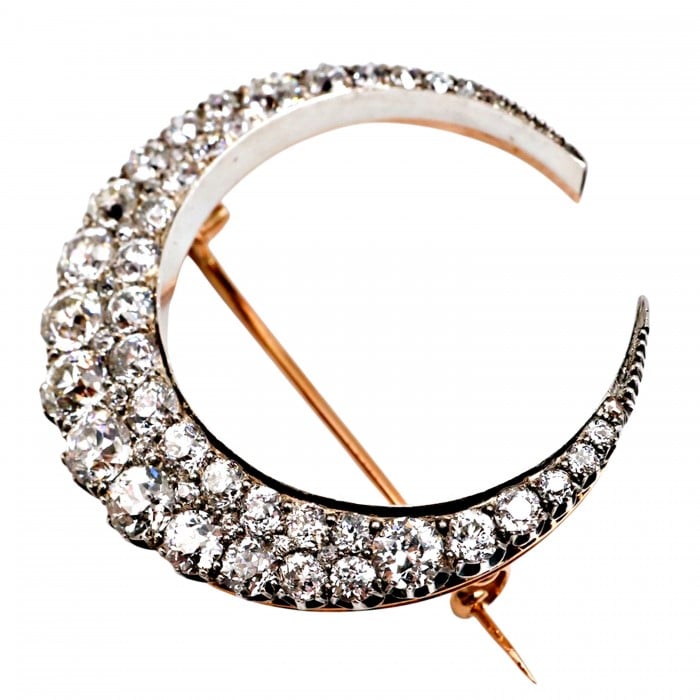 Victorian Diamond and Silver Upon Gold Two Row Crescent Brooch, Circa 1890