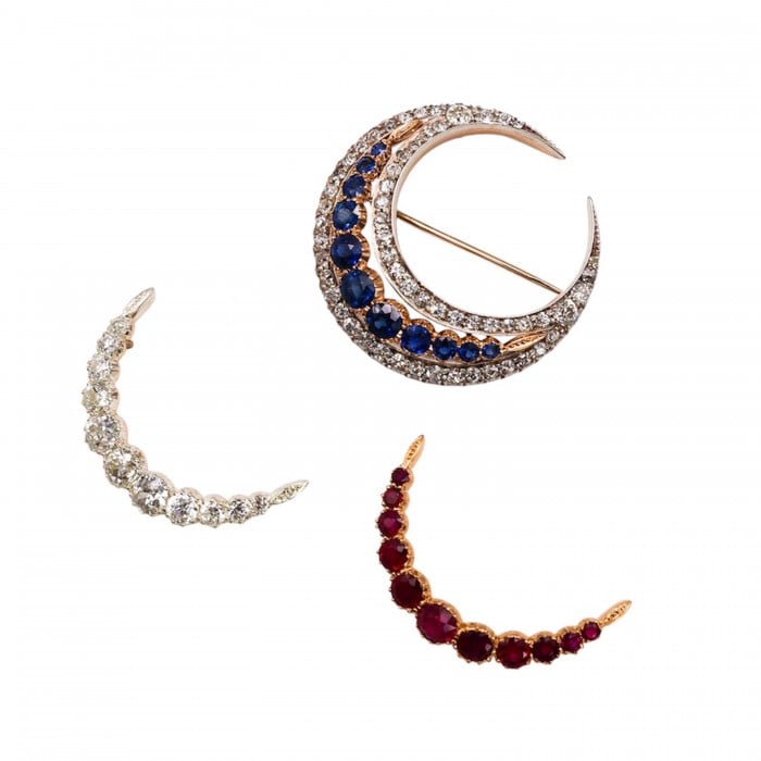 Victorian Diamond Crescent Brooch, with Original Sapphire and New Ruby and Diamond Inserts, in Silver Upon Gold, Circa 1890