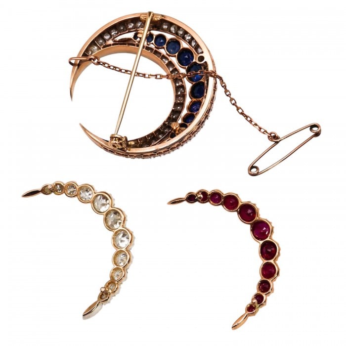 Victorian Diamond Crescent Brooch, with Original Sapphire and New Ruby and Diamond Inserts, in Silver Upon Gold, Circa 1890