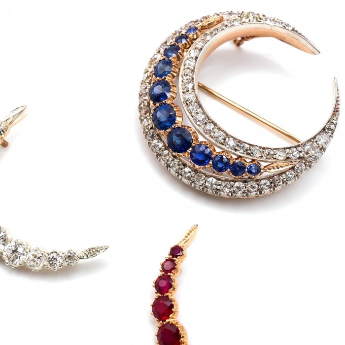 Victorian Diamond Crescent Brooch, with Original Sapphire and New Ruby and Diamond Inserts, in Silver Upon Gold, Circa 1890
