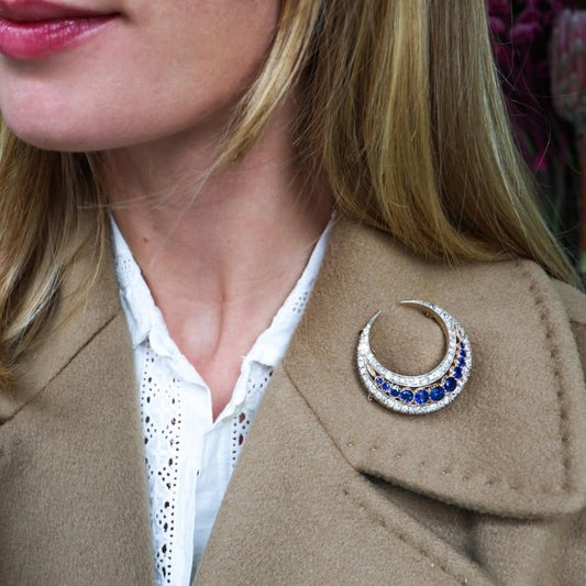 Victorian Diamond Crescent Brooch, with Original Sapphire and New Ruby and Diamond Inserts, in Silver Upon Gold, Circa 1890