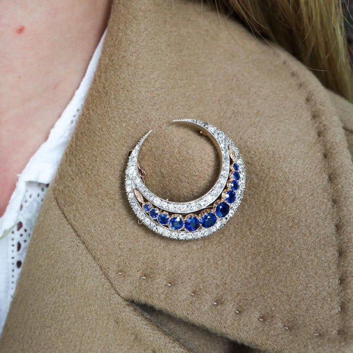Victorian Diamond Crescent Brooch, with Original Sapphire and New Ruby and Diamond Inserts, in Silver Upon Gold, Circa 1890