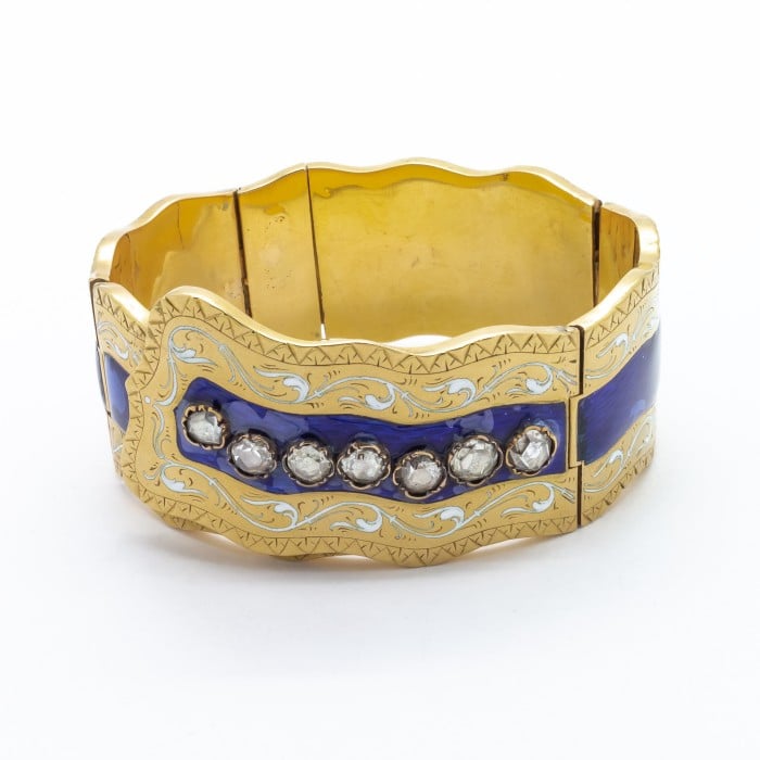 Victorian Enamel Diamond and Gold Bangle, Circa 1850
