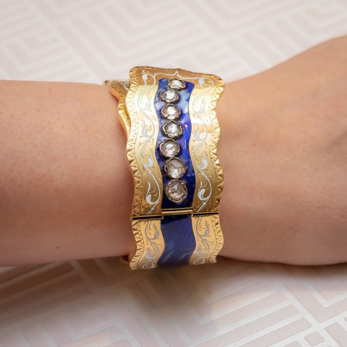 Victorian Enamel Diamond and Gold Bangle, Circa 1850