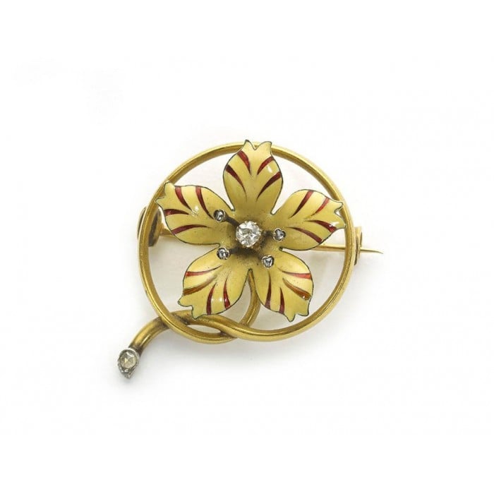 Victorian Enamel Diamond and Gold Flower Brooch, Circa 1890