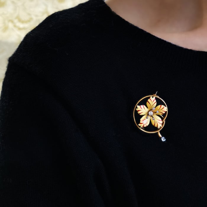 Victorian Enamel Diamond and Gold Flower Brooch, Circa 1890
