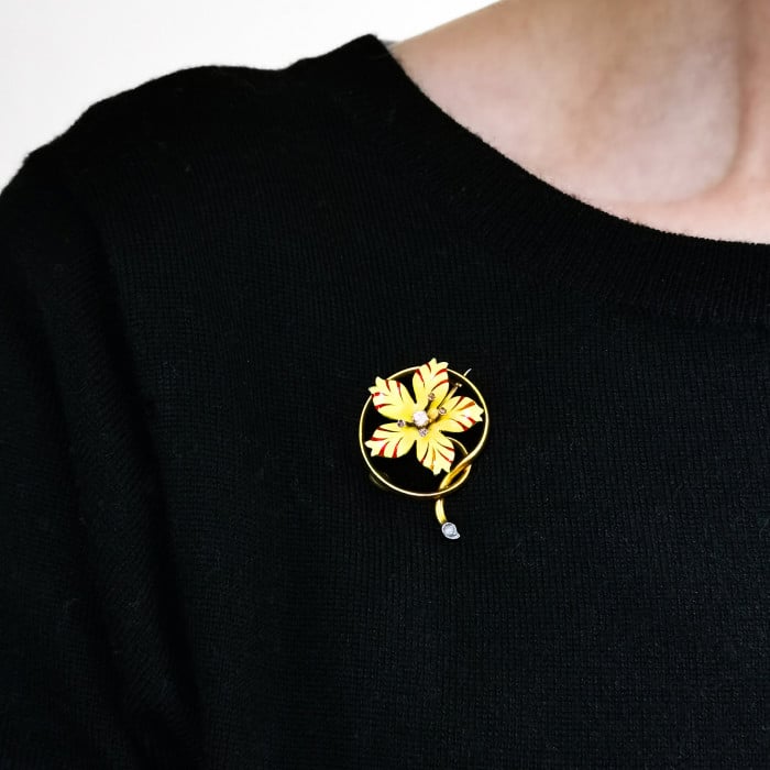 Victorian Enamel Diamond and Gold Flower Brooch, Circa 1890