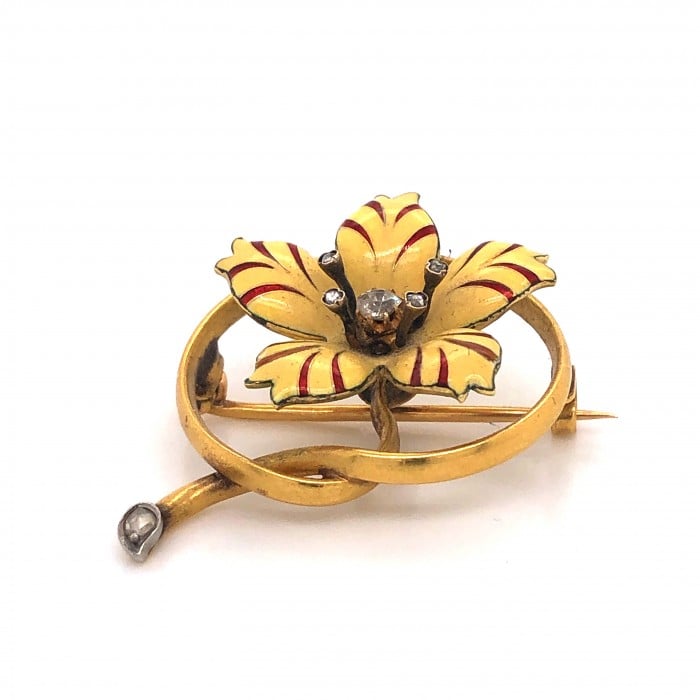 Victorian Enamel Diamond and Gold Flower Brooch, Circa 1890