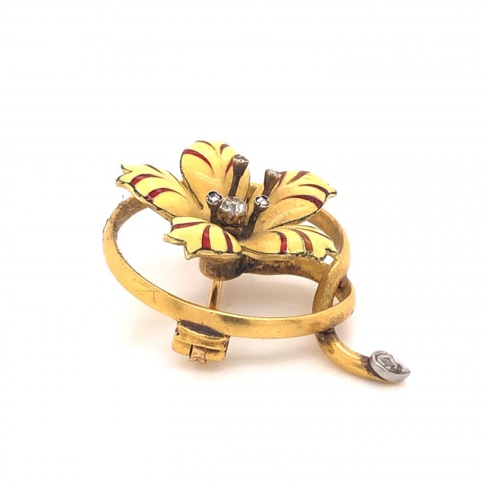 Victorian Enamel Diamond and Gold Flower Brooch, Circa 1890