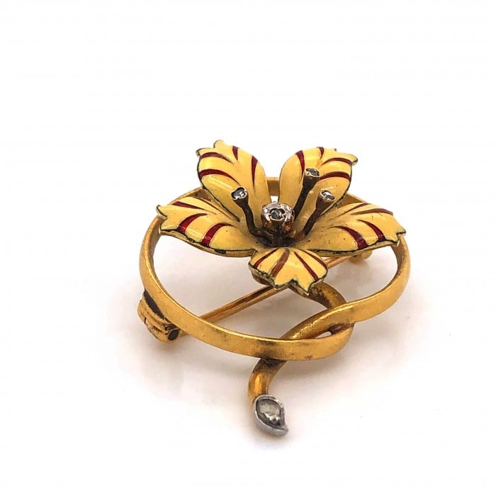 Victorian Enamel Diamond and Gold Flower Brooch, Circa 1890