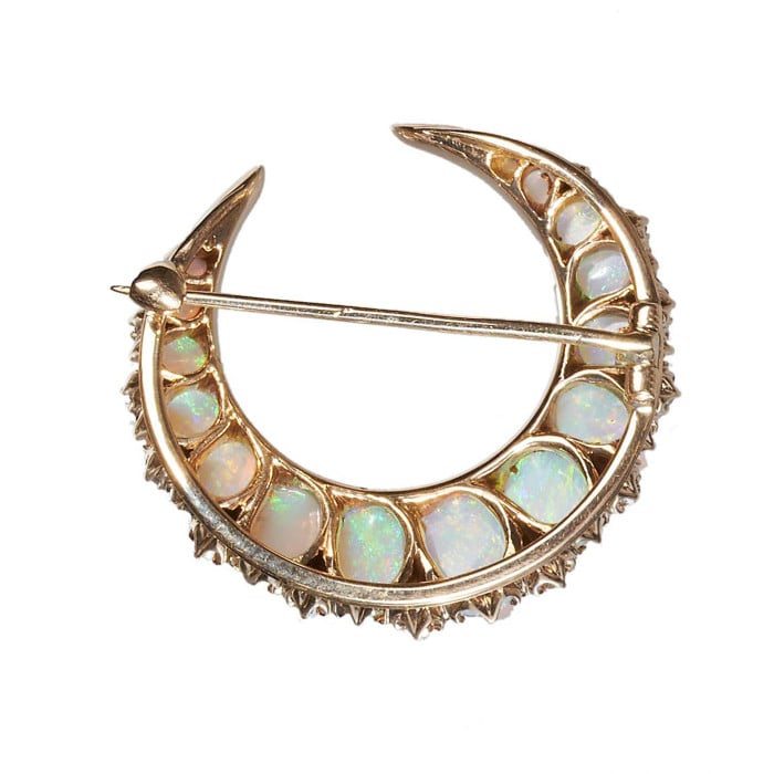 Victorian Opal Diamond and Gold Crescent Brooch, Circa 1880