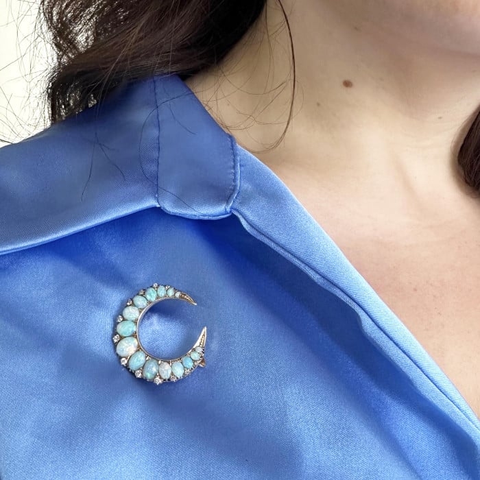 Victorian Opal Diamond and Gold Crescent Brooch, Circa 1880