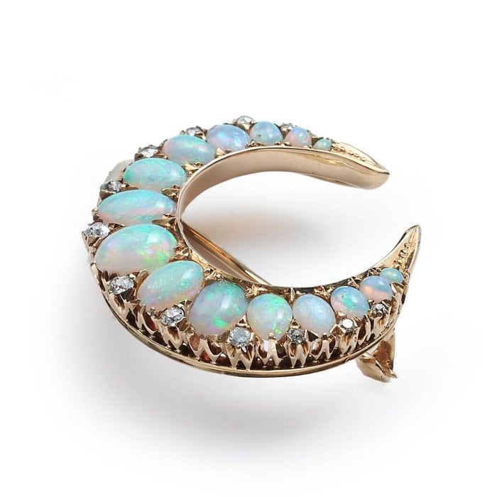 Victorian Opal Diamond and Gold Crescent Brooch, Circa 1880