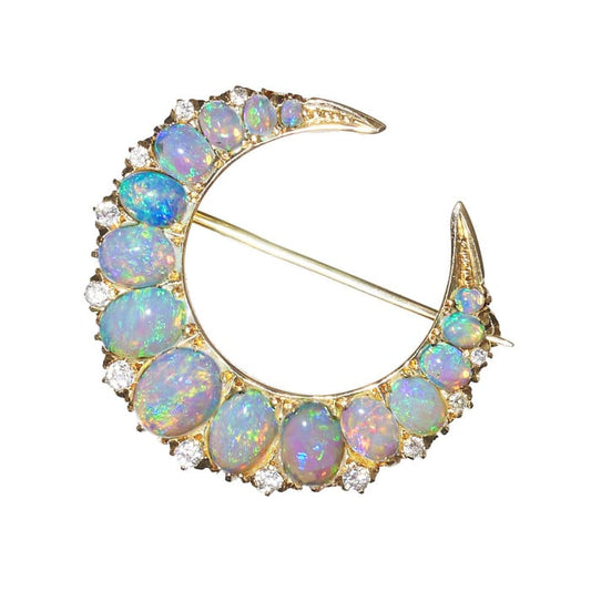Victorian Opal Diamond and Gold Crescent Brooch, Circa 1880