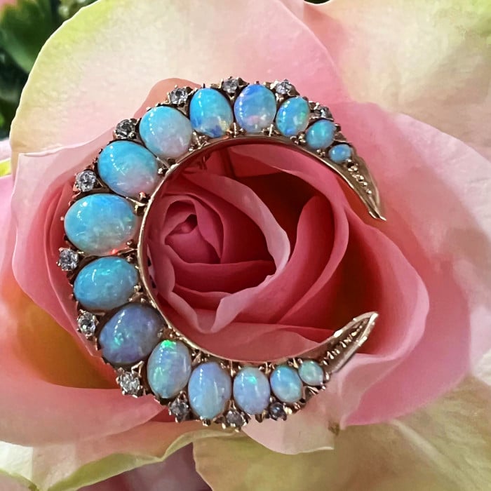 Victorian Opal Diamond and Gold Crescent Brooch, Circa 1880