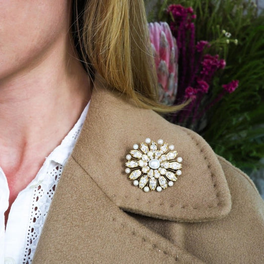 Victorian Pearl Diamond and Gold Flower Cluster Brooch-Cum-Pendant, Circa 1890