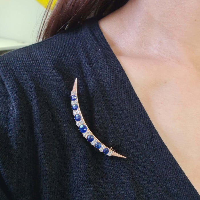 Victorian Sapphire, Diamond and Gold Crescent Brooch, Circa 1880