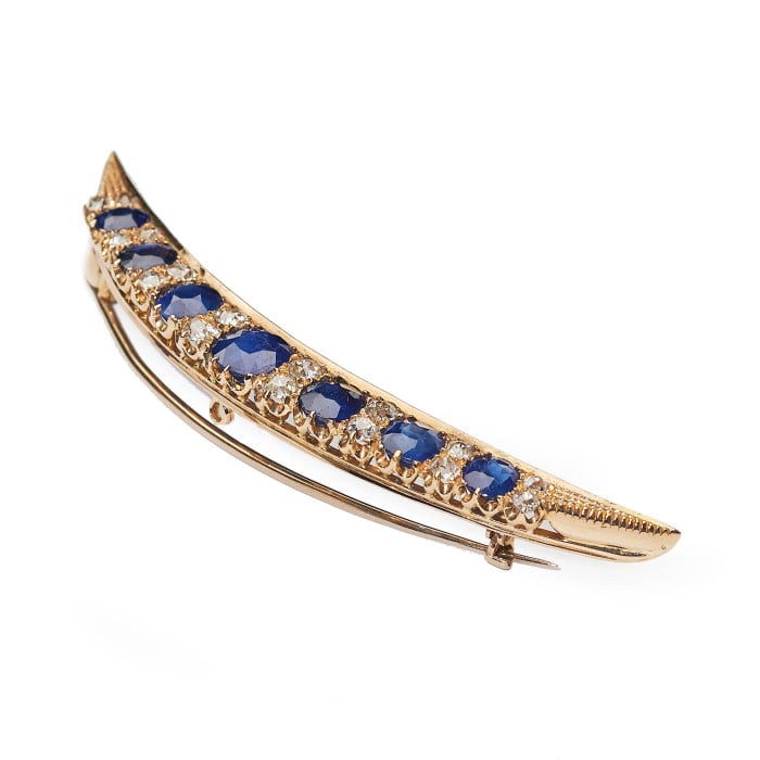 Victorian Sapphire, Diamond and Gold Crescent Brooch, Circa 1880