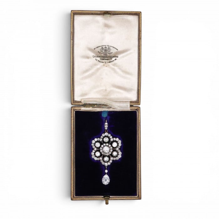 Victorian The Goldsmiths & Silversmiths Ltd. Diamond and Silver Upon Gold Brooch Cum Pendant, Circa 1890