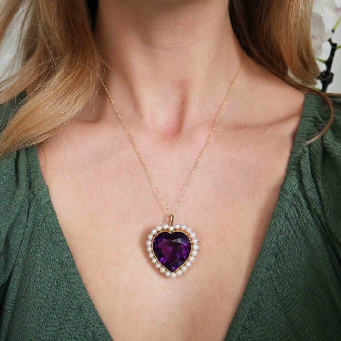 Vintage Amethyst, Cultured Pearl and Gold Heart Brooch Pendant, Circa 1970